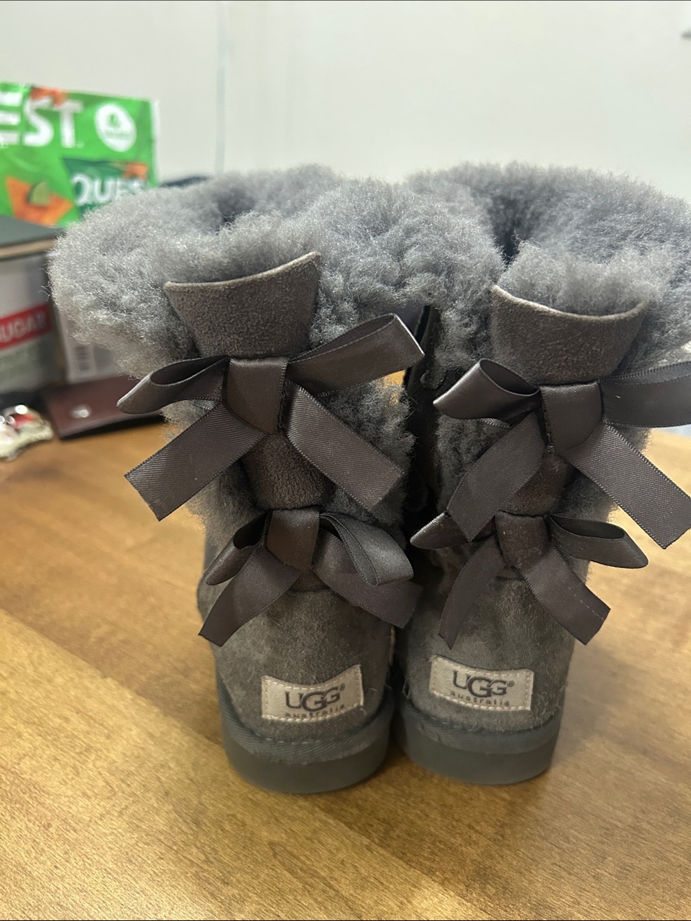 UGG Women Gray Sheepskin Bow-Back Ankle Boots